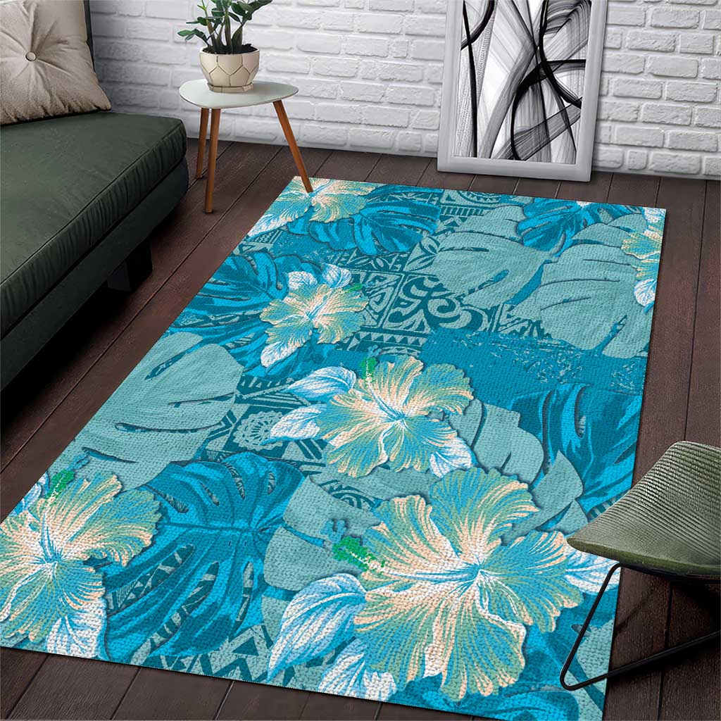 Hawaii Area Rug Teal Polynesian Monstera Patterns - Polynesian Pride