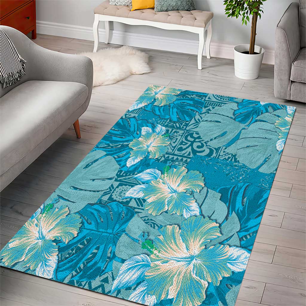 Hawaii Area Rug Teal Polynesian Monstera Patterns - Polynesian Pride