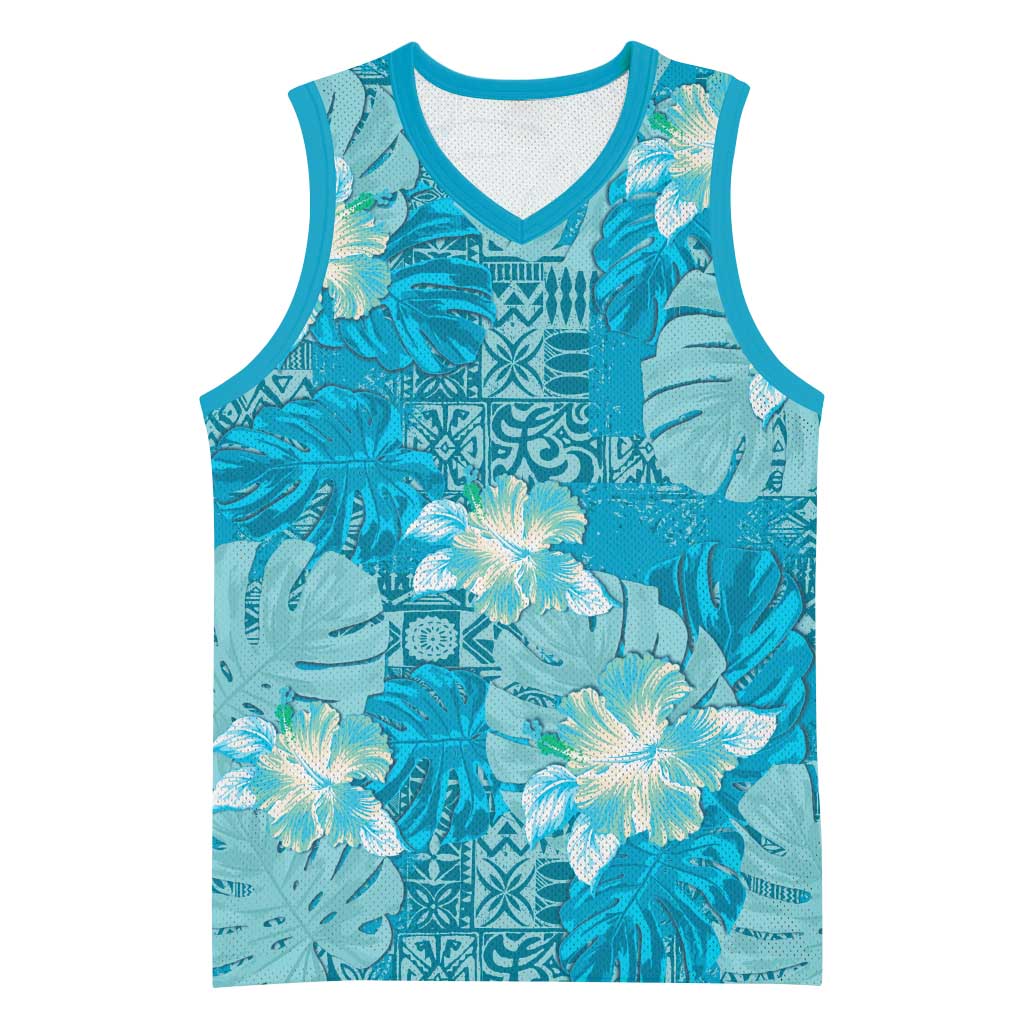 Hawaii Basketball Jersey Teal Polynesian Monstera Patterns - Polynesian Pride