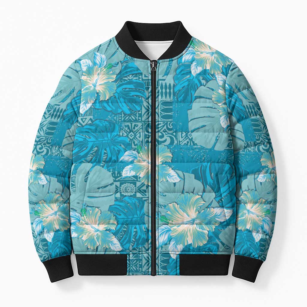 Hawaii Bomber Puffer Jacket Teal Polynesian Monstera Patterns - Polynesian Pride