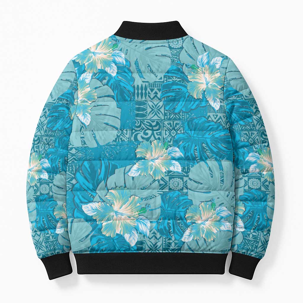 Hawaii Bomber Puffer Jacket Teal Polynesian Monstera Patterns - Polynesian Pride