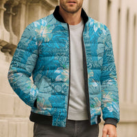 Hawaii Bomber Puffer Jacket Teal Polynesian Monstera Patterns - Polynesian Pride