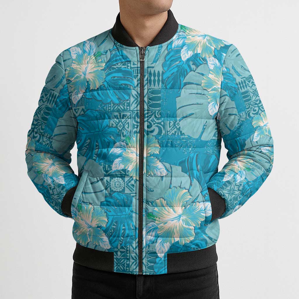 Hawaii Bomber Puffer Jacket Teal Polynesian Monstera Patterns - Polynesian Pride
