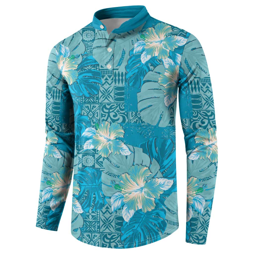 Hawaii Button Sweatshirt Teal Polynesian Monstera Patterns - Polynesian Pride