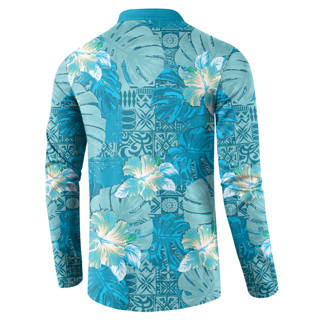 Hawaii Button Sweatshirt Teal Polynesian Monstera Patterns - Polynesian Pride