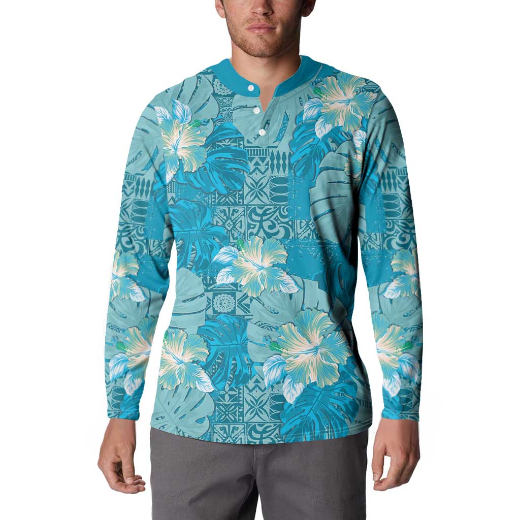 Hawaii Button Sweatshirt Teal Polynesian Monstera Patterns - Polynesian Pride