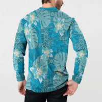 Hawaii Button Sweatshirt Teal Polynesian Monstera Patterns - Polynesian Pride