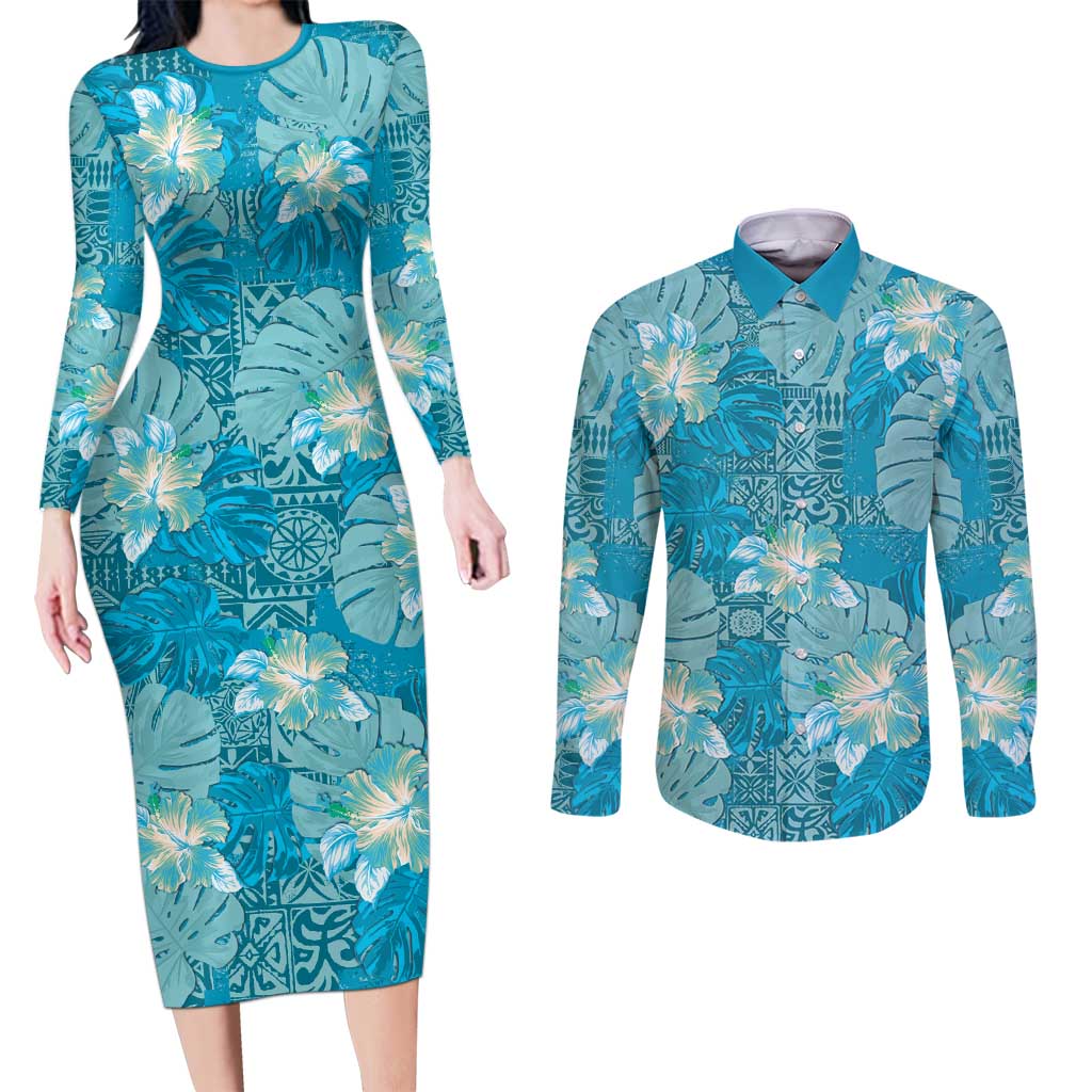 Hawaii Couples Matching Long Sleeve Bodycon Dress and Long Sleeve Button Shirt Teal Polynesian Monstera Patterns - Polynesian Pride