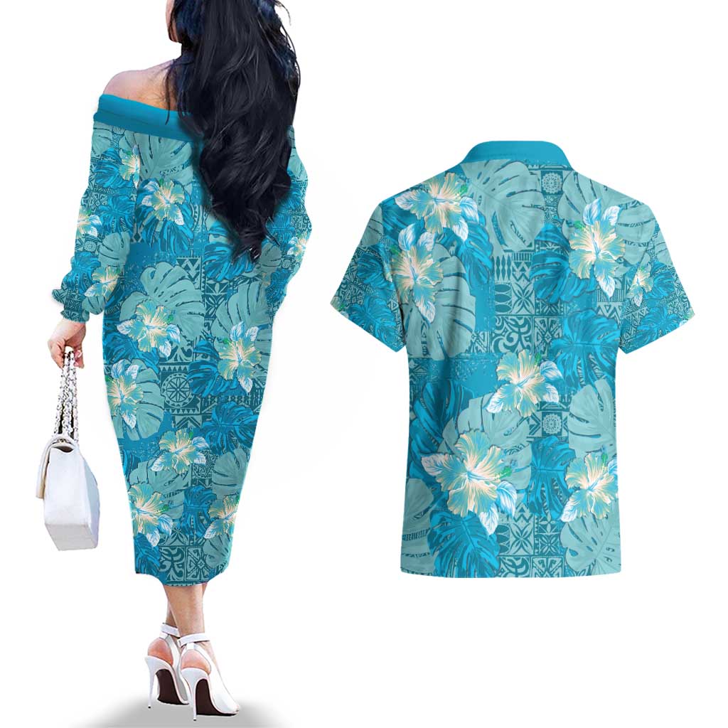 Hawaii Couples Matching Off The Shoulder Long Sleeve Dress and Hawaiian Shirt Teal Polynesian Monstera Patterns - Polynesian Pride