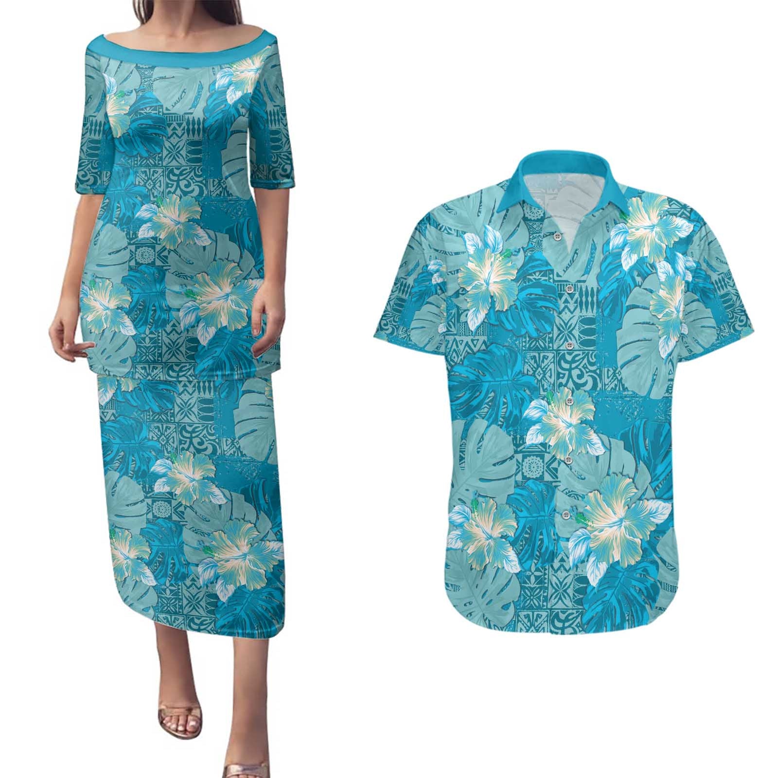Hawaii Couples Matching Puletasi and Hawaiian Shirt Teal Polynesian Monstera Patterns - Polynesian Pride