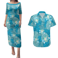 Hawaii Couples Matching Puletasi and Hawaiian Shirt Teal Polynesian Monstera Patterns - Polynesian Pride