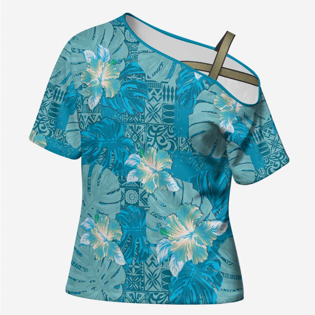 Hawaii Cross Shoulder Shirt Teal Polynesian Monstera Patterns - Polynesian Pride