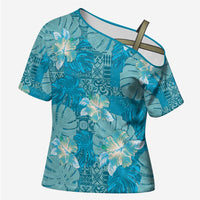 Hawaii Cross Shoulder Shirt Teal Polynesian Monstera Patterns - Polynesian Pride