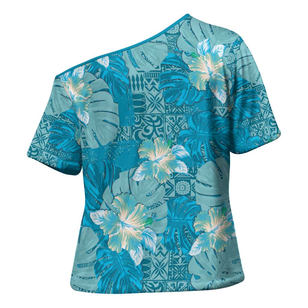 Hawaii Cross Shoulder Shirt Teal Polynesian Monstera Patterns - Polynesian Pride