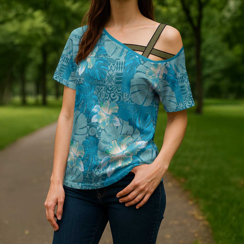 Hawaii Cross Shoulder Shirt Teal Polynesian Monstera Patterns - Polynesian Pride