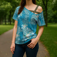 Hawaii Cross Shoulder Shirt Teal Polynesian Monstera Patterns - Polynesian Pride