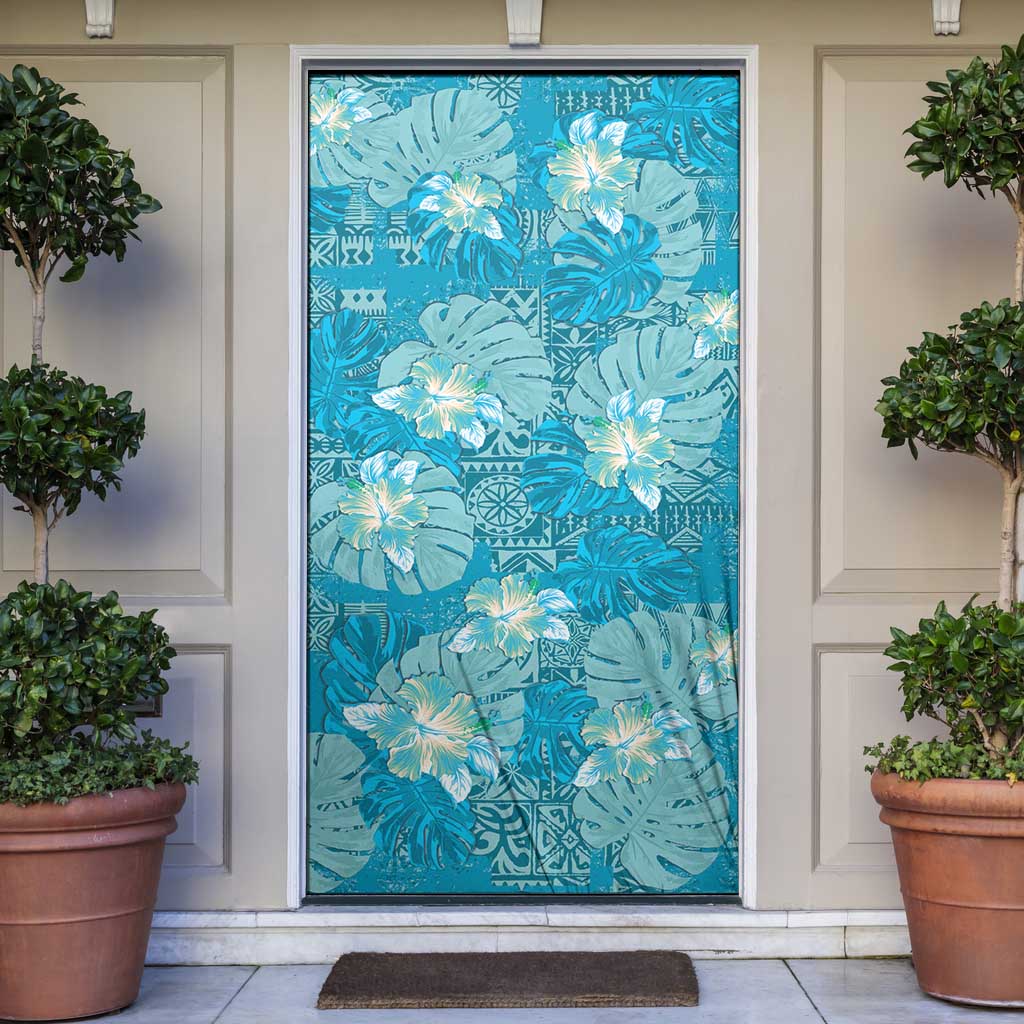 Hawaii Door Cover Teal Polynesian Monstera Patterns - Polynesian Pride