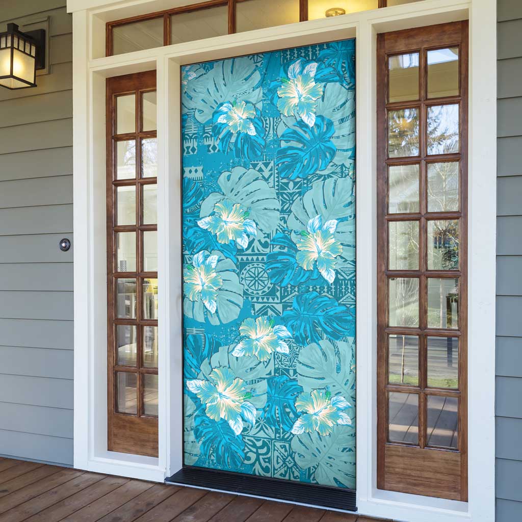 Hawaii Door Cover Teal Polynesian Monstera Patterns - Polynesian Pride