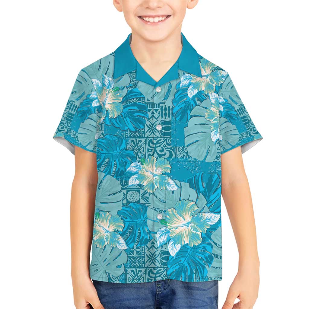 Hawaii Family Matching Off Shoulder Maxi Dress and Hawaiian Shirt Teal Polynesian Monstera Patterns - Polynesian Pride