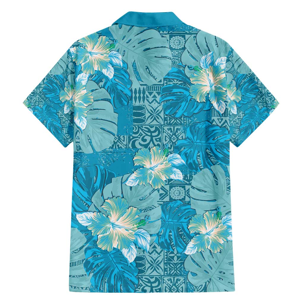 Hawaii Family Matching Off Shoulder Short Dress and Hawaiian Shirt Teal Polynesian Monstera Patterns - Polynesian Pride