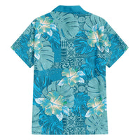 Hawaii Family Matching Off Shoulder Short Dress and Hawaiian Shirt Teal Polynesian Monstera Patterns - Polynesian Pride