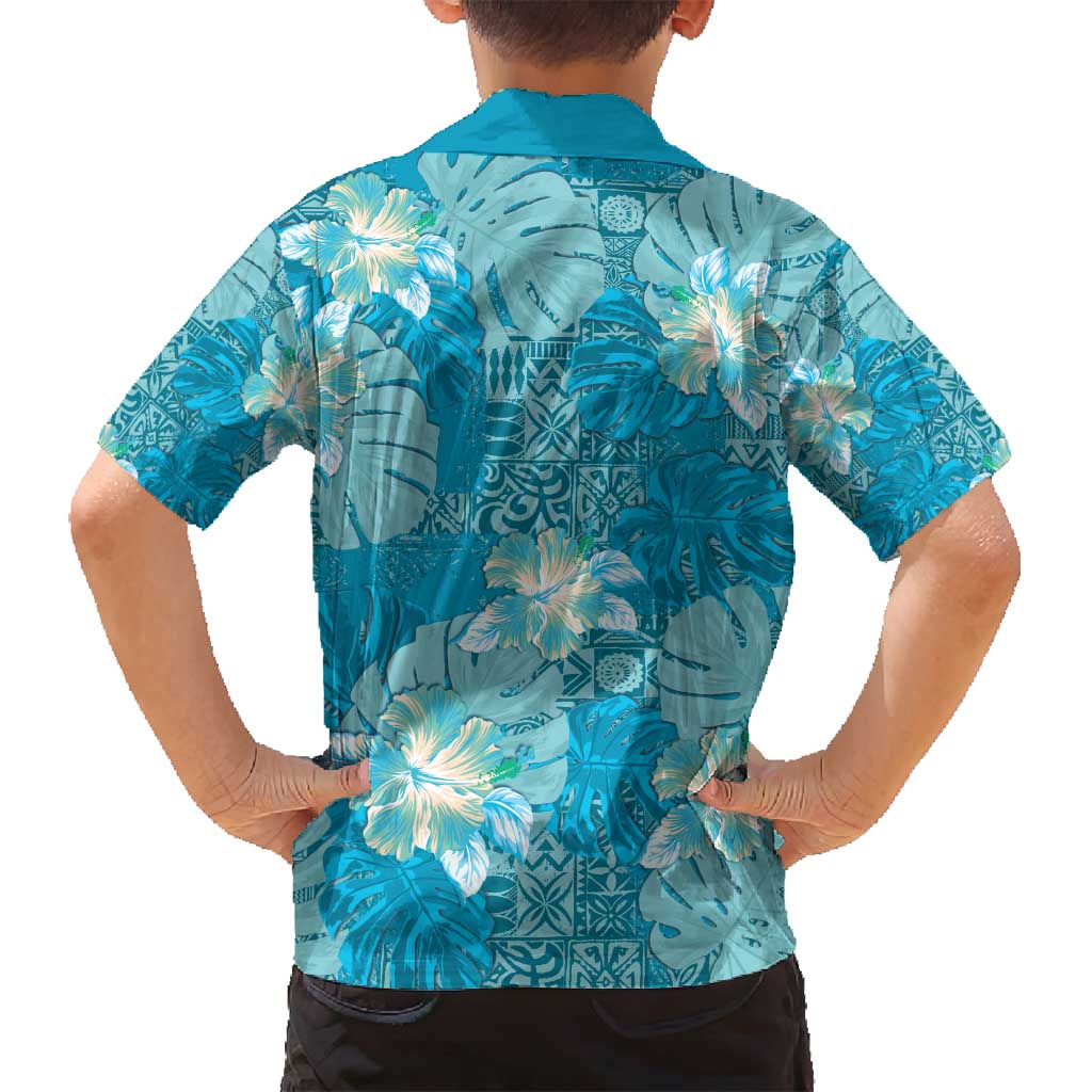 Hawaii Family Matching Puletasi and Hawaiian Shirt Teal Polynesian Monstera Patterns - Polynesian Pride