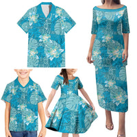 Hawaii Family Matching Puletasi and Hawaiian Shirt Teal Polynesian Monstera Patterns - Polynesian Pride