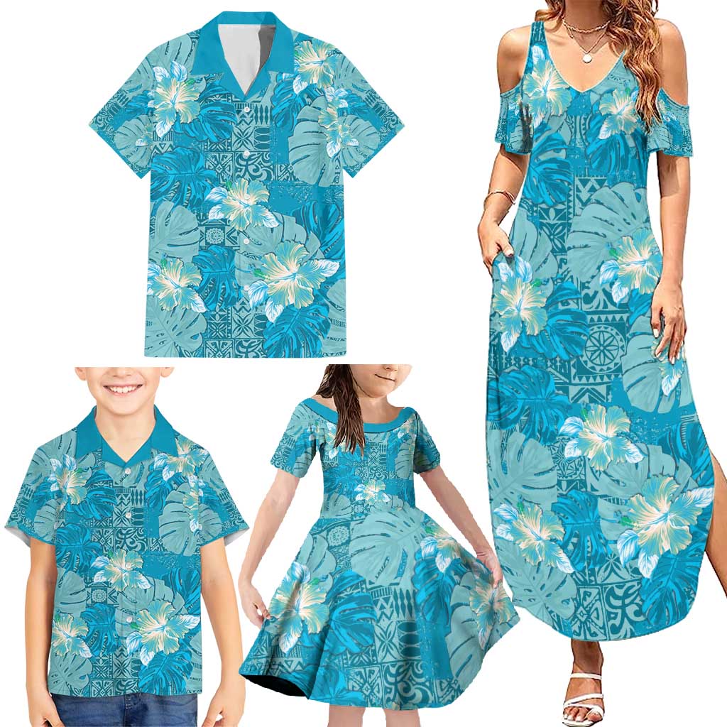 Hawaii Family Matching Summer Maxi Dress and Hawaiian Shirt Teal Polynesian Monstera Patterns DT05 - Polynesian Pride