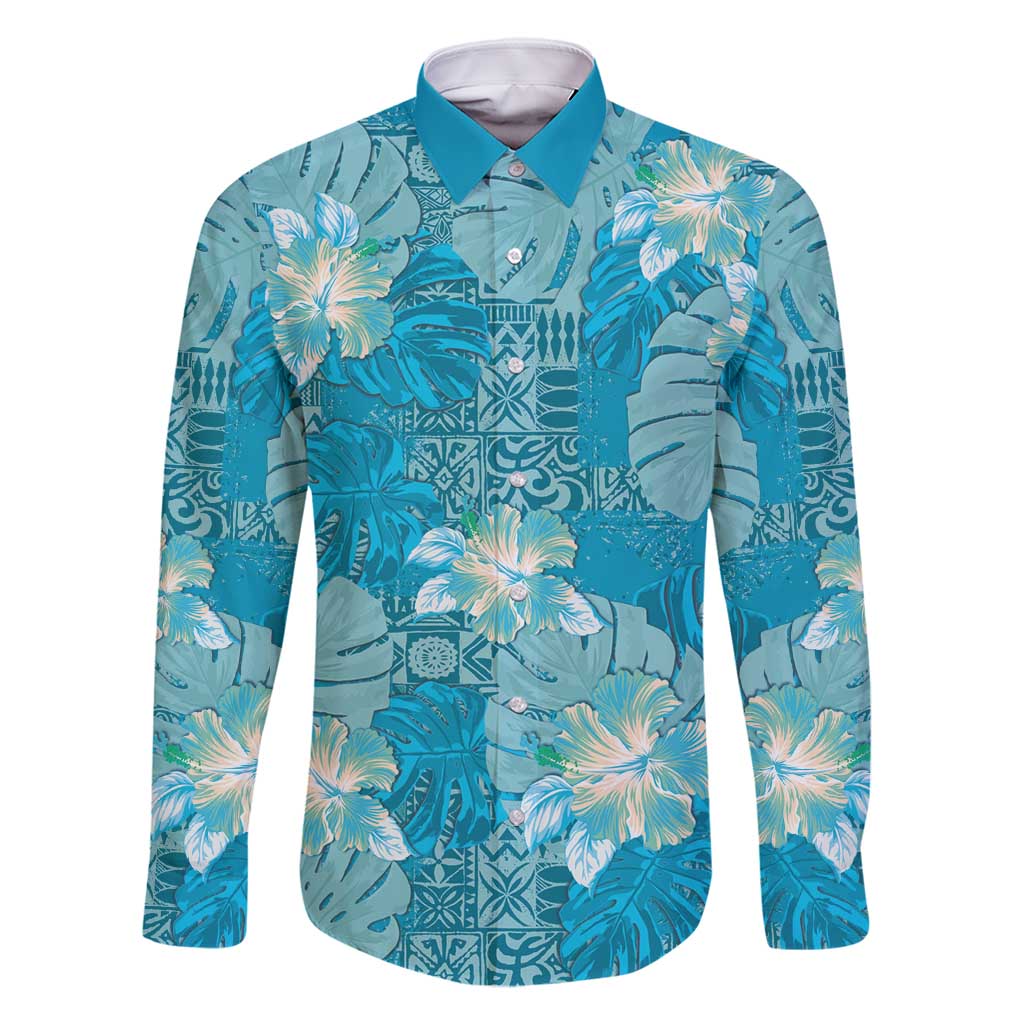 Hawaii Family Matching Summer Maxi Dress and Hawaiian Shirt Teal Polynesian Monstera Patterns DT05 Dad's Shirt - Long Sleeve Teal - Polynesian Pride
