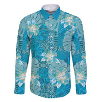 Hawaii Family Matching Summer Maxi Dress and Hawaiian Shirt Teal Polynesian Monstera Patterns DT05 Dad's Shirt - Long Sleeve Teal - Polynesian Pride