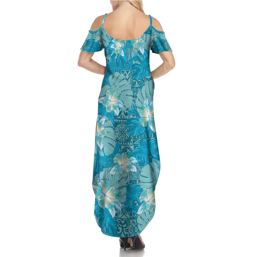 Hawaii Family Matching Summer Maxi Dress and Hawaiian Shirt Teal Polynesian Monstera Patterns DT05 - Polynesian Pride