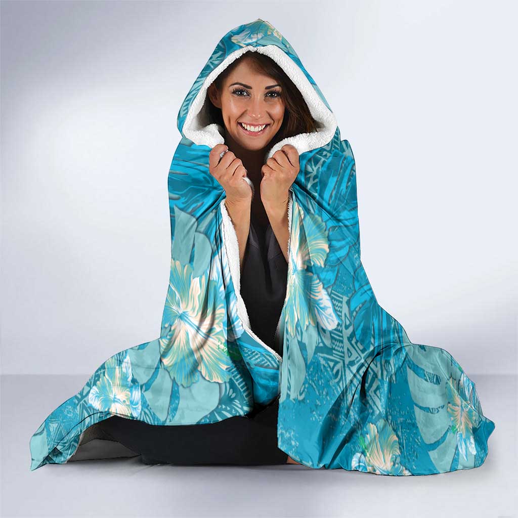 Hawaii Hooded Blanket Teal Polynesian Monstera Patterns - Polynesian Pride