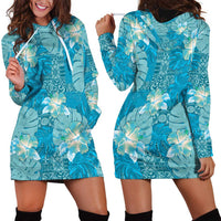 Hawaii Hoodie Dress Teal Polynesian Monstera Patterns - Polynesian Pride