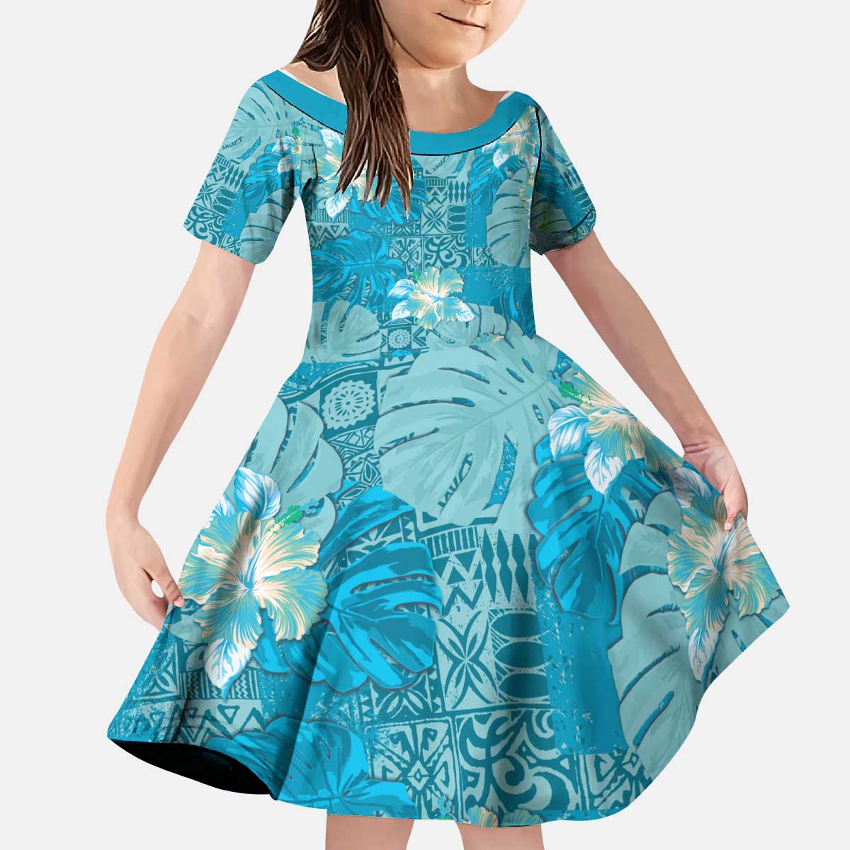 Hawaii Kid Short Sleeve Dress Teal Polynesian Monstera Patterns - Polynesian Pride