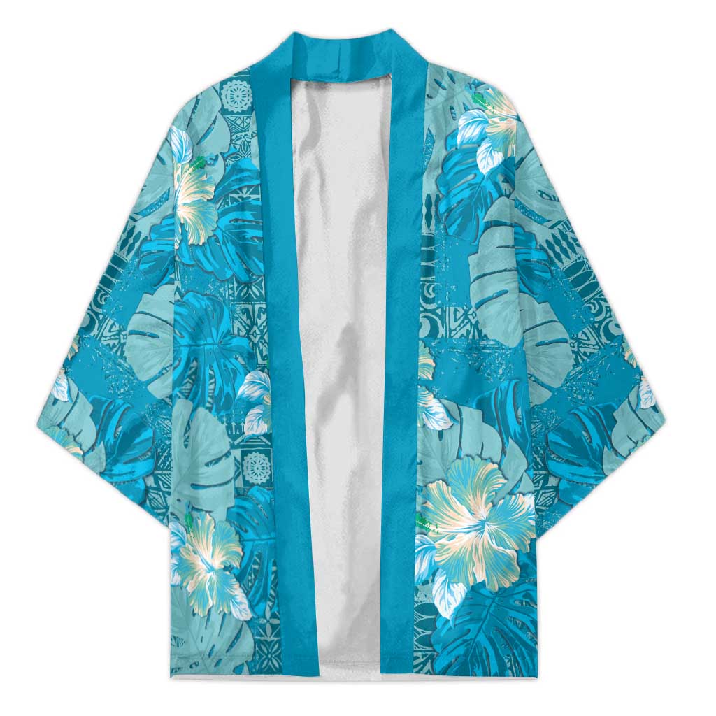 Hawaii Kimono Teal Polynesian Monstera Patterns - Polynesian Pride