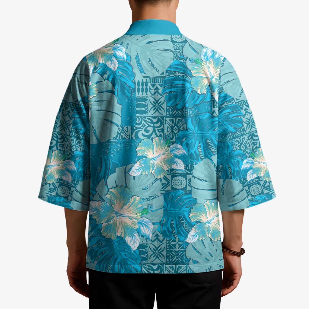 Hawaii Kimono Teal Polynesian Monstera Patterns - Polynesian Pride