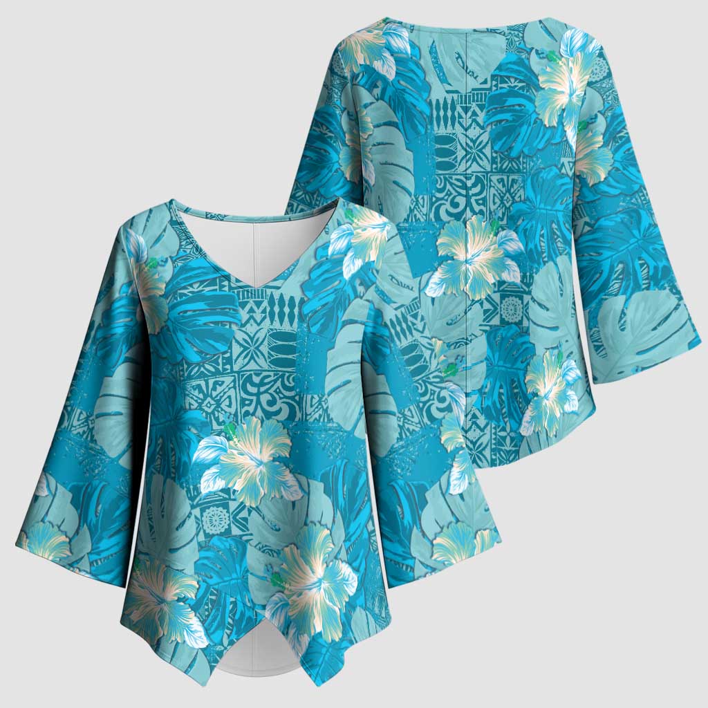 Hawaii Kimono Sleeve Blouse Teal Polynesian Monstera Patterns - Polynesian Pride