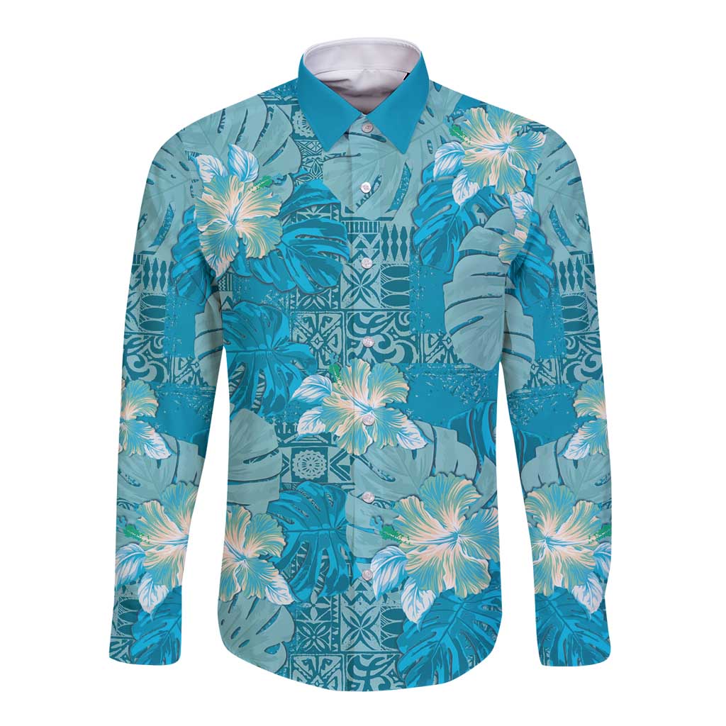 Hawaii Long Sleeve Button Shirt Teal Polynesian Monstera Patterns - Polynesian Pride