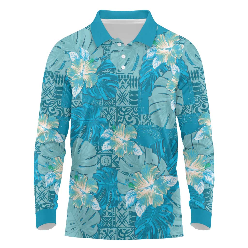 Hawaii Long Sleeve Polo Shirt Teal Polynesian Monstera Patterns - Polynesian Pride