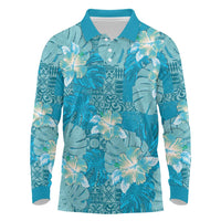Hawaii Long Sleeve Polo Shirt Teal Polynesian Monstera Patterns - Polynesian Pride