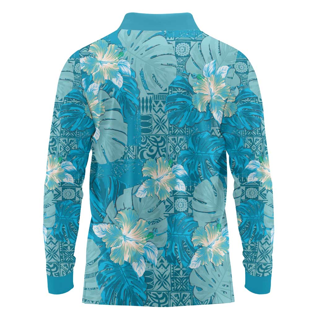 Hawaii Long Sleeve Polo Shirt Teal Polynesian Monstera Patterns - Polynesian Pride