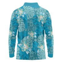 Hawaii Long Sleeve Polo Shirt Teal Polynesian Monstera Patterns - Polynesian Pride