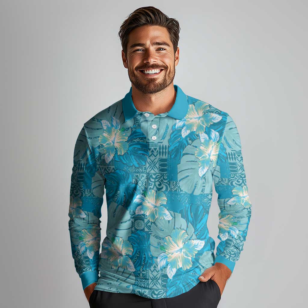 Hawaii Long Sleeve Polo Shirt Teal Polynesian Monstera Patterns - Polynesian Pride