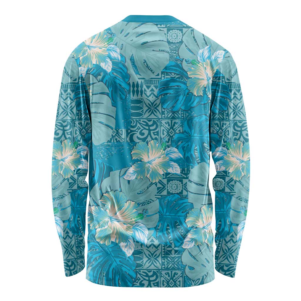 Hawaii Long Sleeve Shirt Teal Polynesian Monstera Patterns - Polynesian Pride
