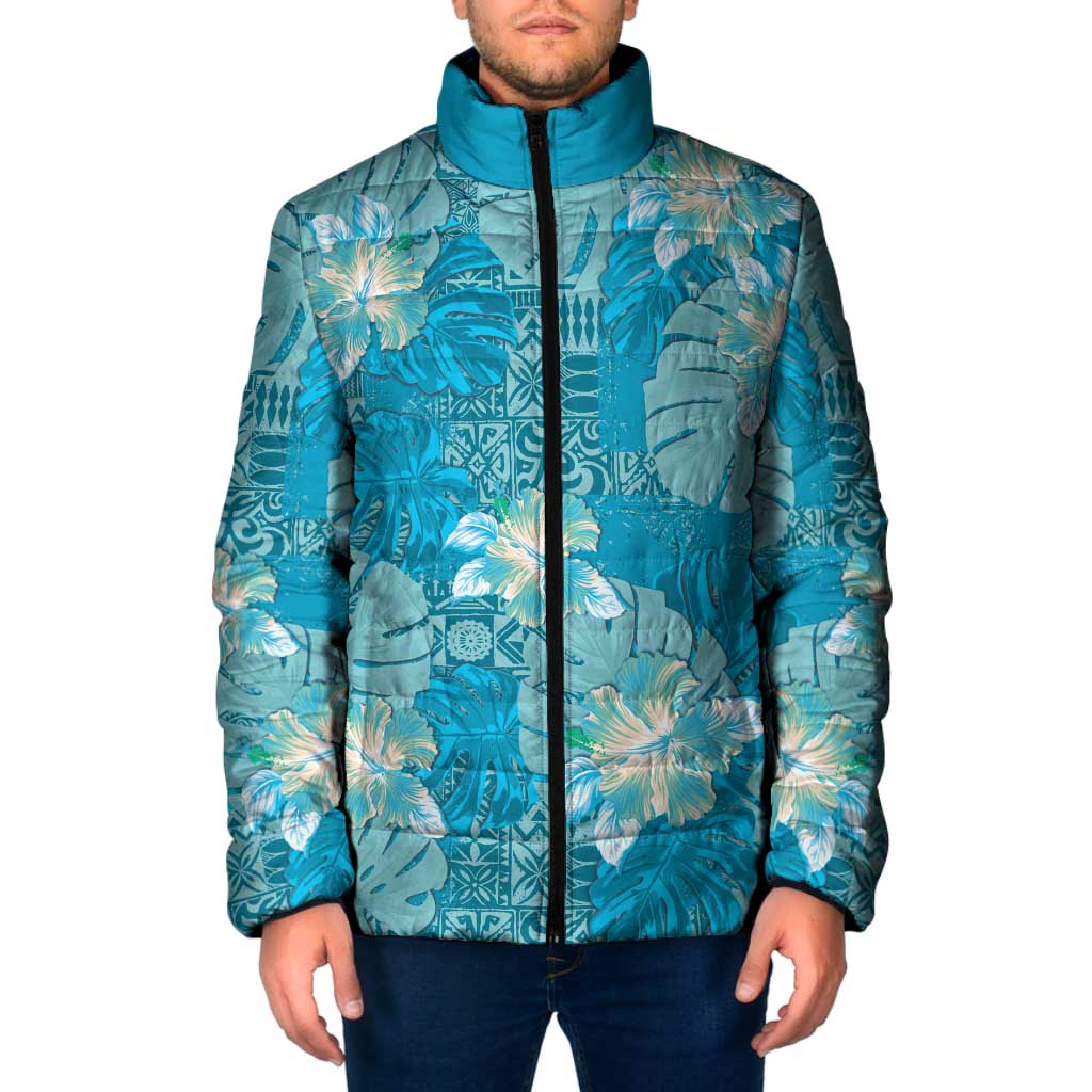 Hawaii Padded Jacket Teal Polynesian Monstera Patterns - Polynesian Pride