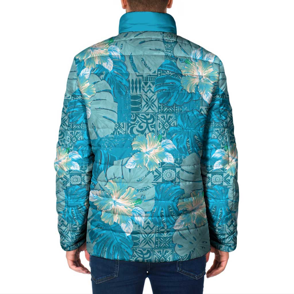 Hawaii Padded Jacket Teal Polynesian Monstera Patterns - Polynesian Pride