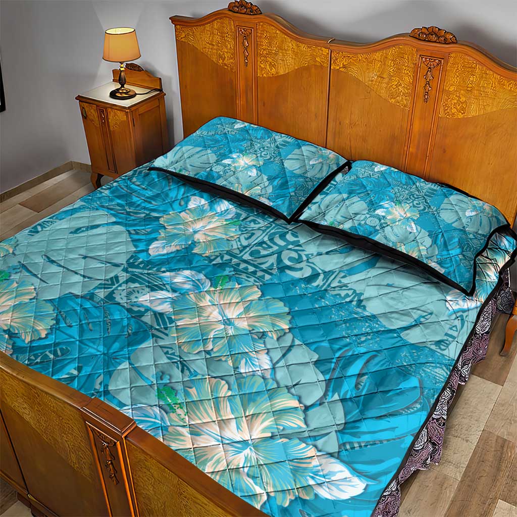 Hawaii Quilt Bed Set Teal Polynesian Monstera Patterns - Polynesian Pride