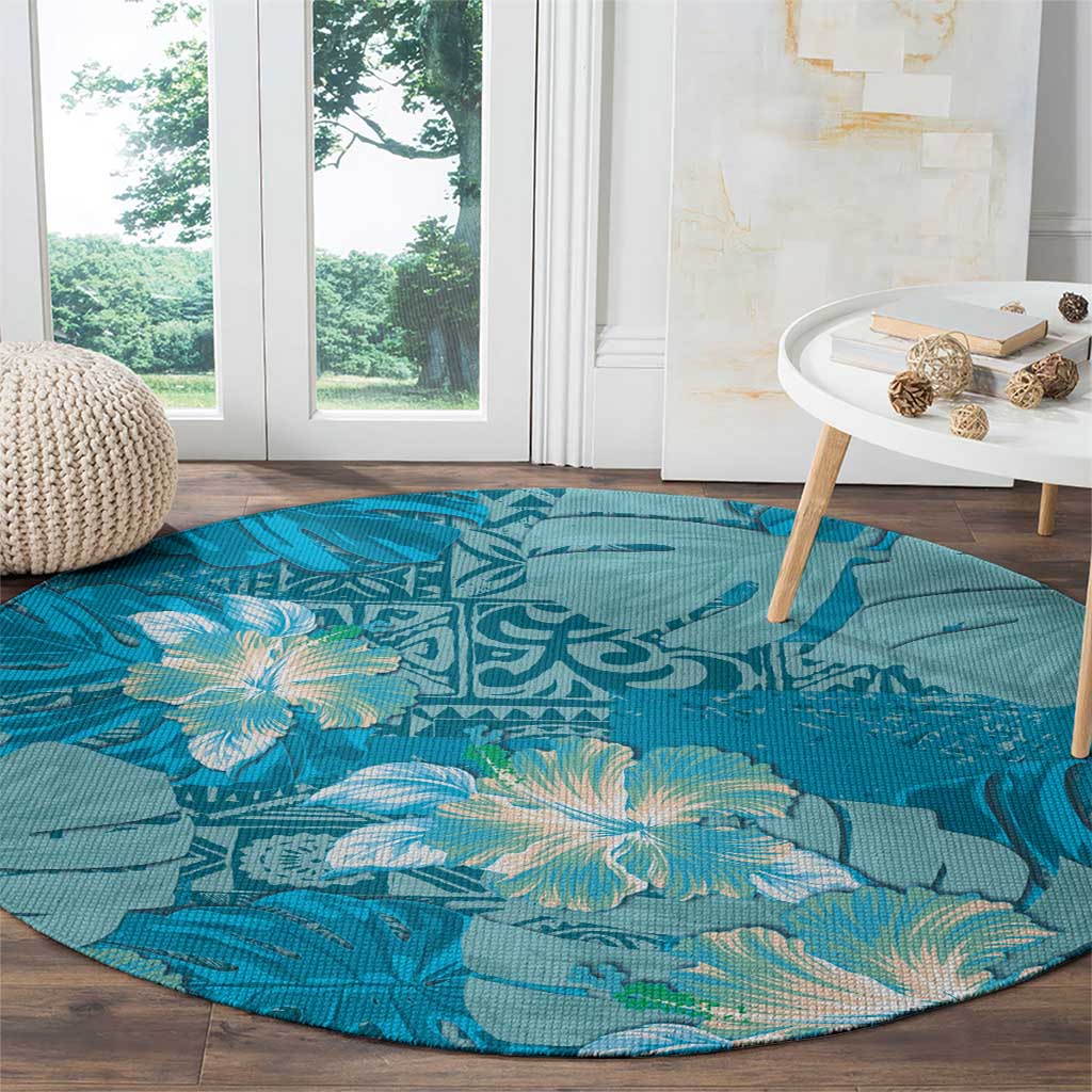 Hawaii Round Carpet Teal Polynesian Monstera Patterns - Polynesian Pride
