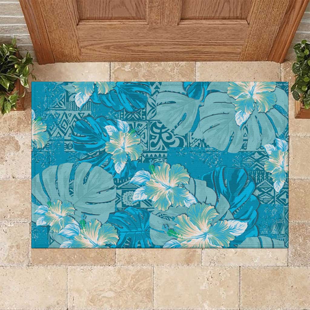 Hawaii Rubber Doormat Teal Polynesian Monstera Patterns - Polynesian Pride