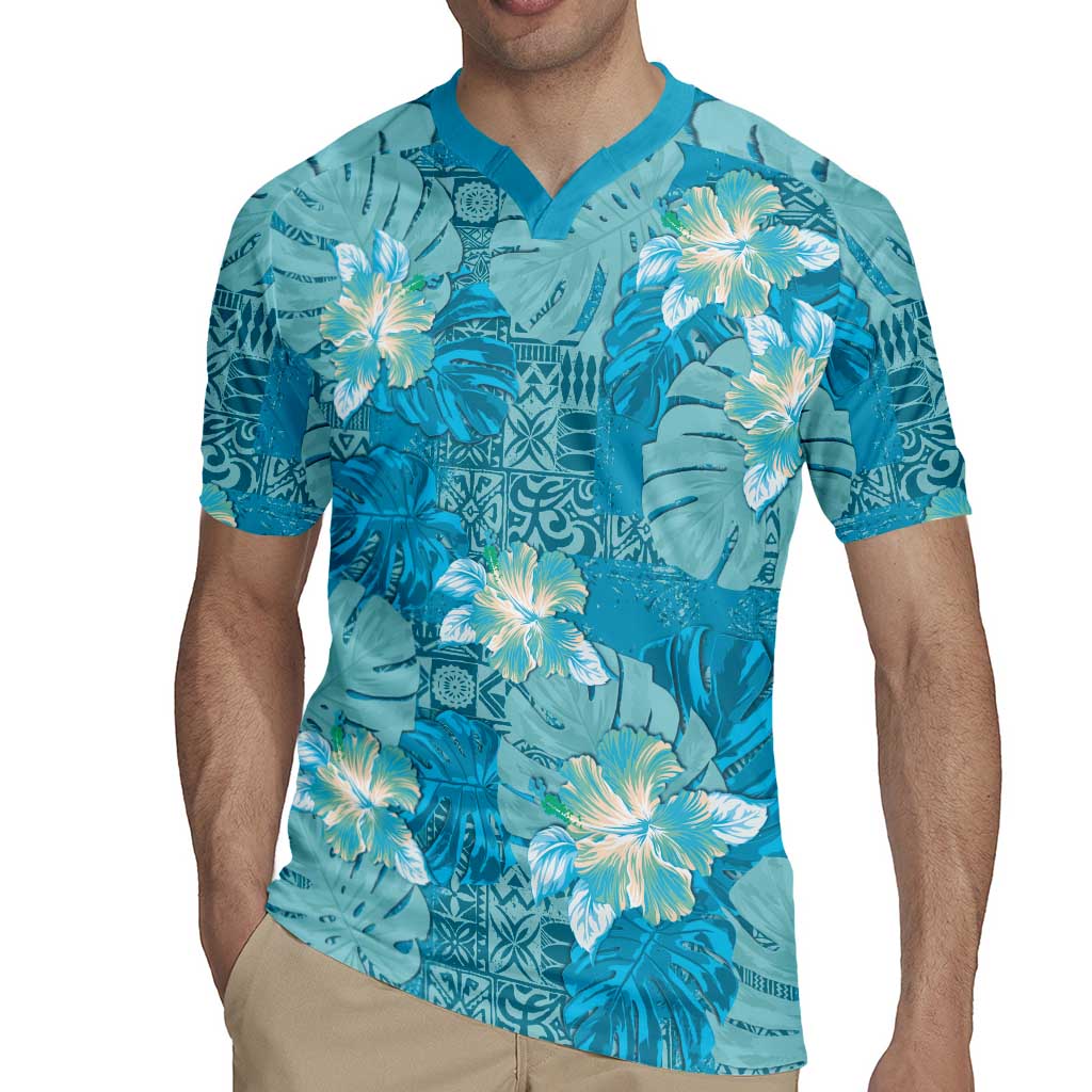 Hawaii Rugby Jersey Teal Polynesian Monstera Patterns - Polynesian Pride